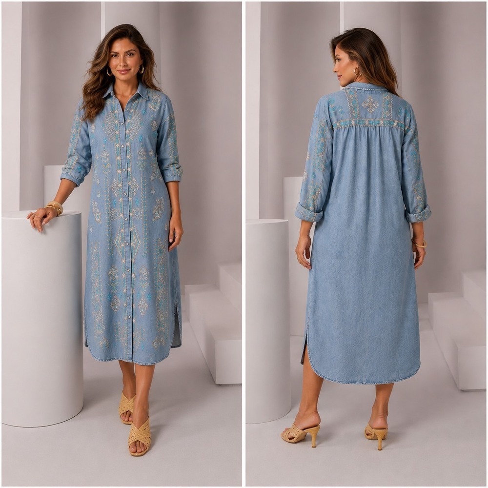 Indigo Thread Sz M Medium Western Country Festival Embroidered Dress Button